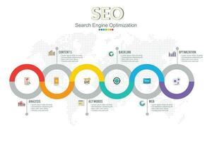 Infographics template seo optimization. SEO Digital Marketing concept with chart and icons. vector