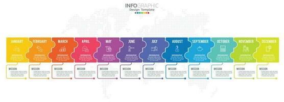Timeline infographic presentation for 1 year 12 months used for Business concept with 12 options, steps and processes. vector