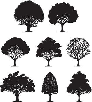 Vector Set of plant and tree silhouette illustration, Minimalist tree silhouette set