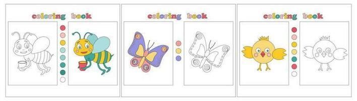 linda mariposa, abeja y pollo. dibujo para colorante. colorante libro página modelo para niños. colorante libro con flor muestras para el más joven. niños educación. vector