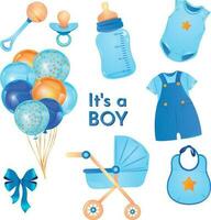 Vector illustrations collection for gender party. It's a boy stickerpak. Cards for boy, gender reveal baby shower, birthday