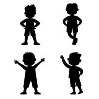 conjunto de silueta niños Niños en pie en diferente poses vector