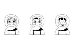 Set of black and white avatars of cartoon children girls Muslim hijab vector