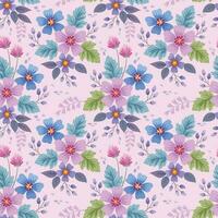 Pink, blue, violet color flowers with green leaf seamless pattern. vector