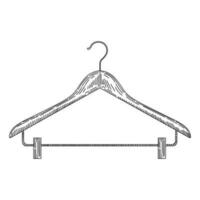 Wooden coat hanger with clothespins in vintage engraved style. Sketch of coat hanger. vector