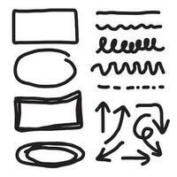 Doodle vector lines and curves.Hand drawn check and arrows signs. Set of simple doodle lines, curves, frames and spots. Collection of pencil effects. Doodle border. Simple doodle set.