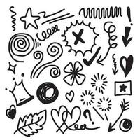 hand drawn set element,black on white background.arrow,leaves,speech bubble,heart,light,king,emphasis,swirl,for concept design. vector