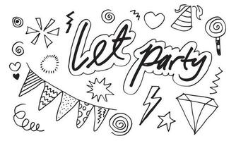 Hand drawn, doodle party set isolated on white background.Sketch icons for invitation, flyer, poster. vector