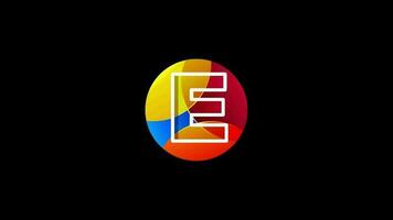 Line letter E on a colorful circle. Graphic alphabet video animation for business or company identity
