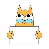 Cute comic cat with big eyes hold placard with text space. Cartoon line minimal hand drawn sketch funny style. Ask for, implore expression. For veterinary or pet shelter. Vector illustration.