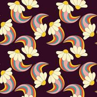 1970 daisy flower rainbow seamless pattern. Groovy hippie retro background. Abstract vintage 90 y2k psychedelic cartoon style. Vector illustration.