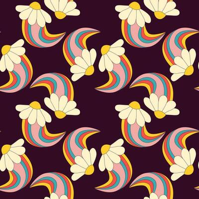 1970 daisy flower rainbow seamless pattern. Groovy hippie retro background. Abstract vintage 90 y2k psychedelic cartoon style. Vector illustration.