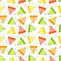 Abstract colorful citrus slices and splashes seamless pattern. Juicy summer background. Kids funny cute texture for cover, menu, banner, fabric, wrapping paper, party design. Vector illustration.