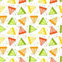 Abstract colorful citrus slices and splashes seamless pattern. Juicy summer background. Kids funny cute texture for cover, menu, banner, fabric, wrapping paper, party design. Vector illustration.