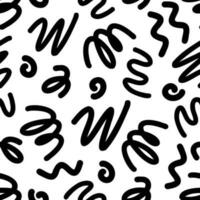 Black scribbles on white background. 90s style seamless pattern. Abstract hand drawn memphis brush strokes swirls wave and spirals. Vector illustration.