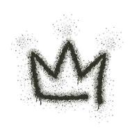 Graffiti style crown with overspray in black over white. Sprayed crown logo icon with leak splash splatters drops. Vector illustration.