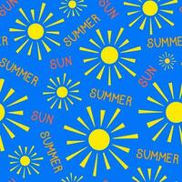 Vector seamless pattern. Summer pattern with sun on a blue background with lettering.