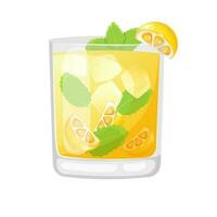 Cartoon style lemonade in a glass with ice cube, lemon and mint. vector