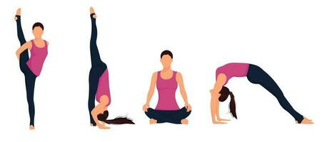 mujer en cuatro diferente yoga posa vector