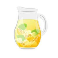 Lemonade in a glass jug with ice cube, lemon and mint. Isolated on white background. vector