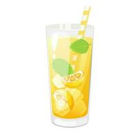Lemonade in a glass cup with ice cube lemon and mint. Isolated on white background. vector