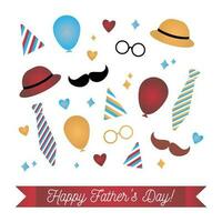 Greeting card with lettering Happy Father's Day. Greetings and presents for Father's Day in flat styling. Holiday attributes - balloons, a festive cap, attributes of the Father's Day holiday vector