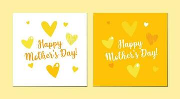 Cute and bright greeting card set in yellow sunny colors for Mother's Day. Drawn hearts and nice lettering vector