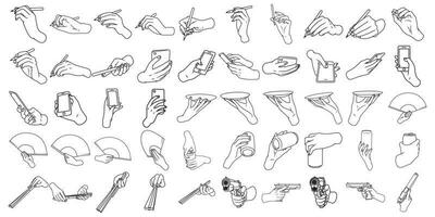 Set of item bundle various hand poses doing daily activities, doodle line art style vector