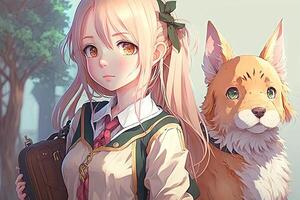 bonito anime colegio niña con un perro mirando a usted ilustración generativo ai foto