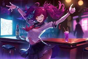 Pretty anime school girl dancing in a table bar illustration photo