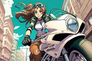 bonito niña negro cuero vestido montando un moto en el ciudad, manga estilo ilustración generativo ai foto