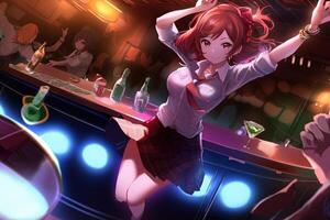 Pretty anime school girl dancing in a table bar illustration photo