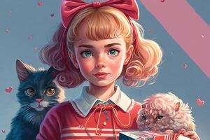 bonito anime colegio niña con un gato mirando a usted ilustración generativo ai foto