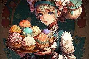 Pretty in a chef's hat holding a plate of beautifully decorated Easter eggs, with intricate patterns Easter illustration manga style photo