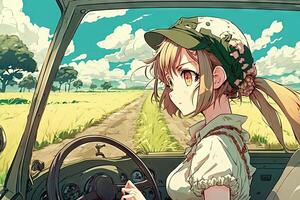 Pretty anime school girl driving a car in countryside and looking at you illustration photo