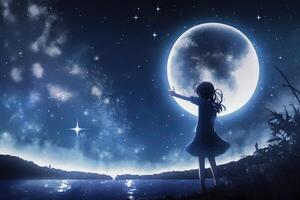 anime niña mirando a el Luna en estrellado noche ilustración generativo ai foto