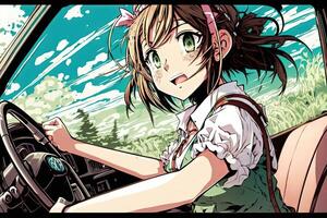 Pretty anime school girl driving a car in countryside and looking at you illustration photo