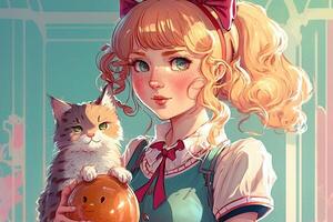 bonito anime colegio niña con un gato mirando a usted ilustración generativo ai foto