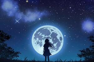 anime niña mirando a el Luna en estrellado noche ilustración generativo ai foto