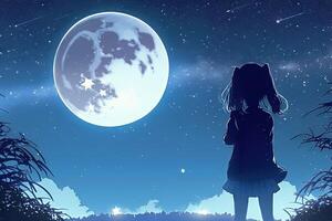 anime niña mirando a el Luna en estrellado noche ilustración generativo ai foto