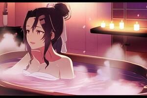 Pretty anime masseuse girl in bath tube of massage parlor illustration photo