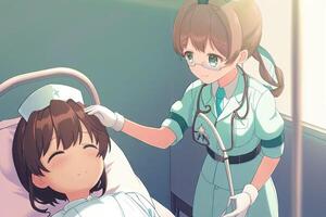 bonito anime enfermero curación un paciente en hospital ilustración generativo ai foto