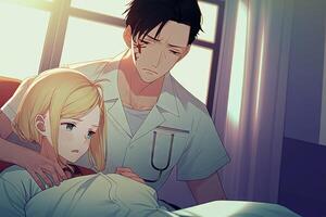 Pretty anime nurse healing a patient in hospital illustration photo