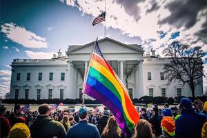 protester waving peace lgbtq flag outside white house washington dc illustration photo