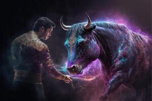 el corrida toreo de el futuro hecho con un holográfico espectáculo el toro es un holograma ilustración generativo ai foto