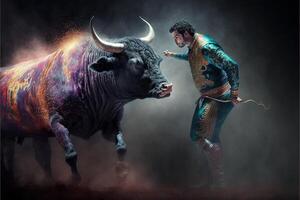 el corrida toreo de el futuro hecho con un holográfico espectáculo el toro es un holograma ilustración generativo ai foto