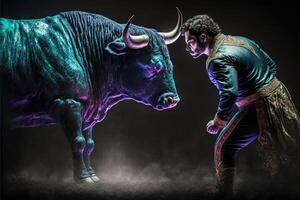 el corrida toreo de el futuro hecho con un holográfico espectáculo el toro es un holograma ilustración generativo ai foto