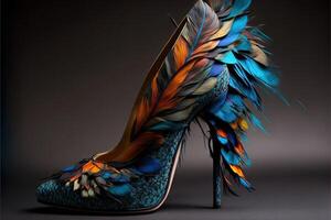 real pájaro plumas mujer Zapatos con alto tacones generativo ai foto