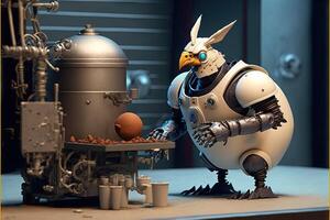 a robot chicken of the future making an egg photo