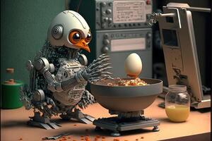 a robot chicken of the future making an egg photo